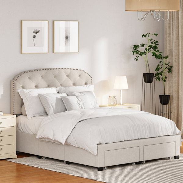 Abdiel Upholstered Panel Bed Frame with Storage Drawers Nailhead Trim Headboard